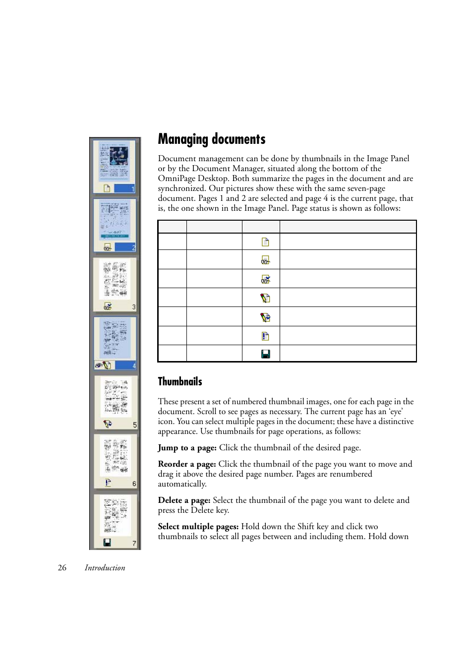 Managing documents, Thumbnails | OmniWare Pro 12 ScanSoft User Manual | Page 26 / 100