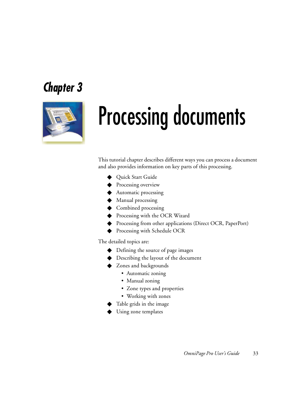 Processing documents, R o c e s s i n g, D o c u m e n t s | Chapter 3 | OmniWare Pro 12 ScanSoft User Manual | Page 33 / 100