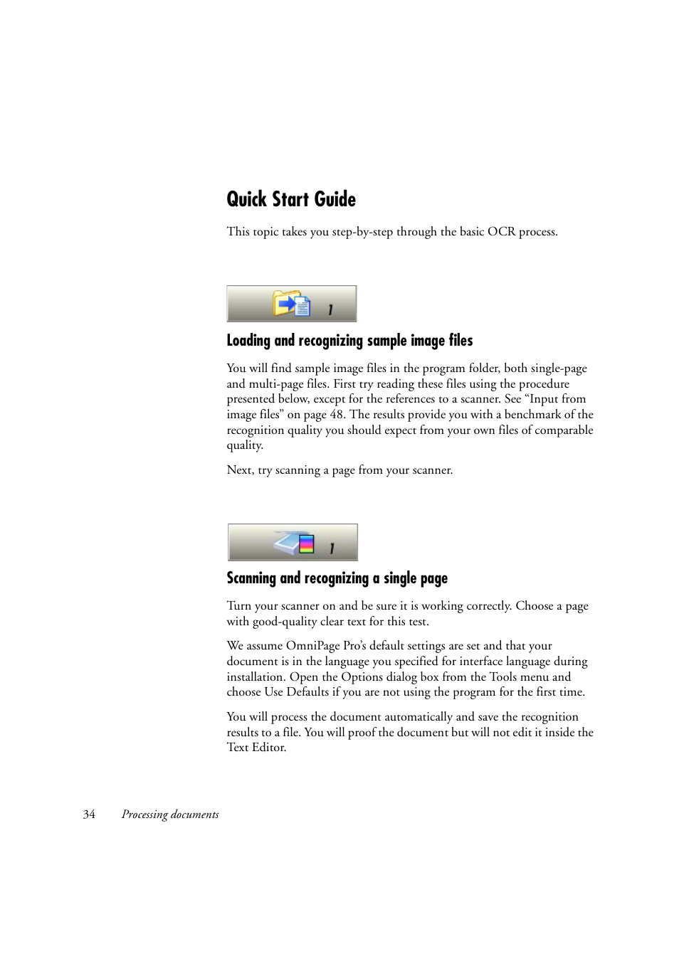 Quick start guide, Loading and recognizing sample image files | OmniWare Pro 12 ScanSoft User Manual | Page 34 / 100