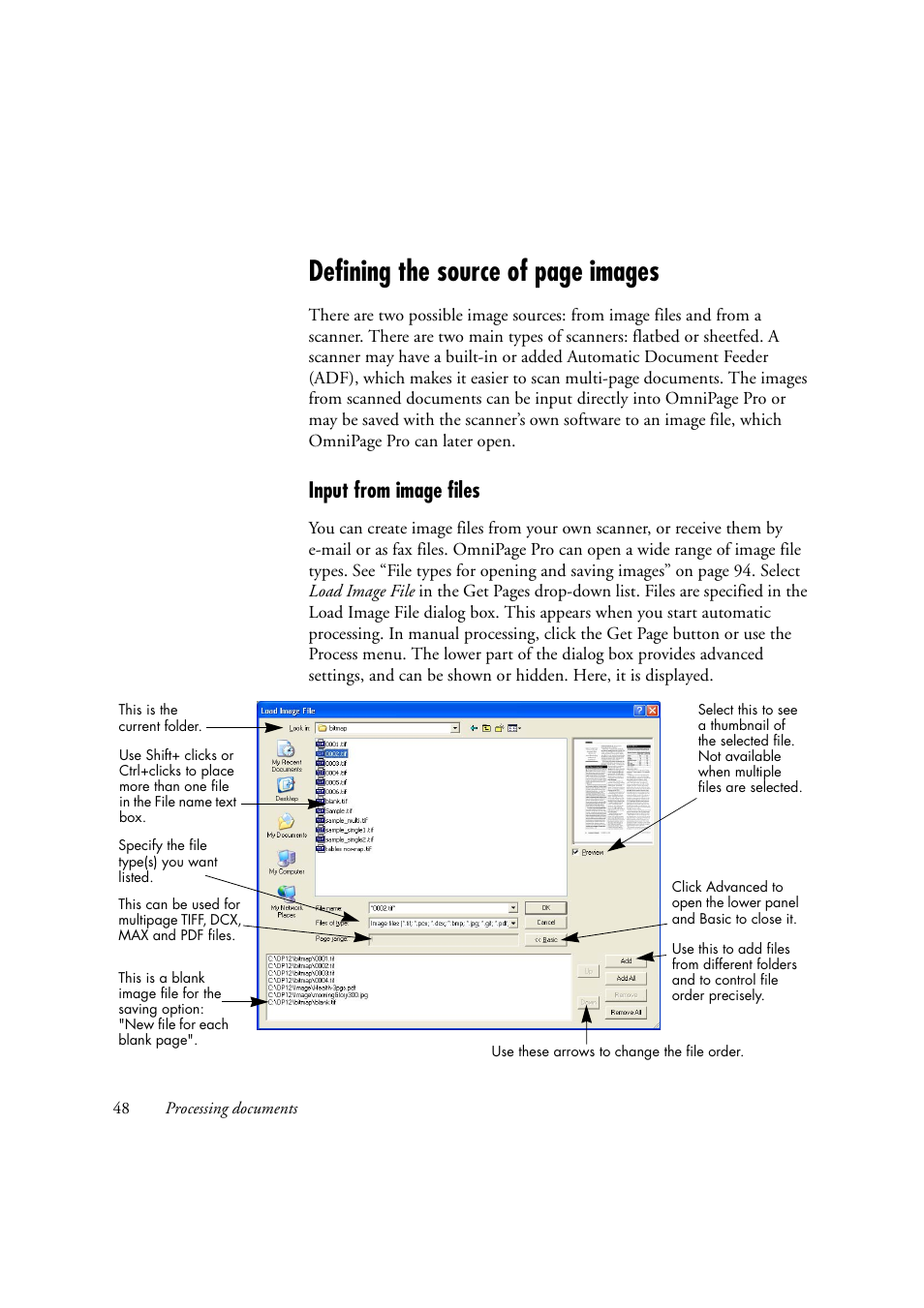 Input from image files, Defining the source of page images | OmniWare Pro 12 ScanSoft User Manual | Page 48 / 100