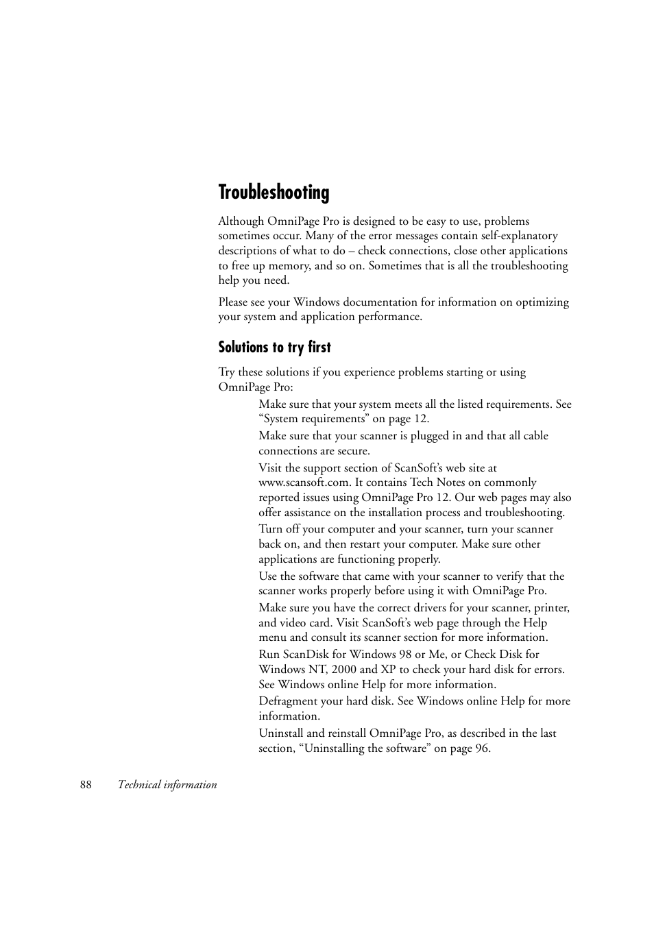 Troubleshooting, Solutions to try first, Troubleshooting 88 | OmniWare Pro 12 ScanSoft User Manual | Page 88 / 100