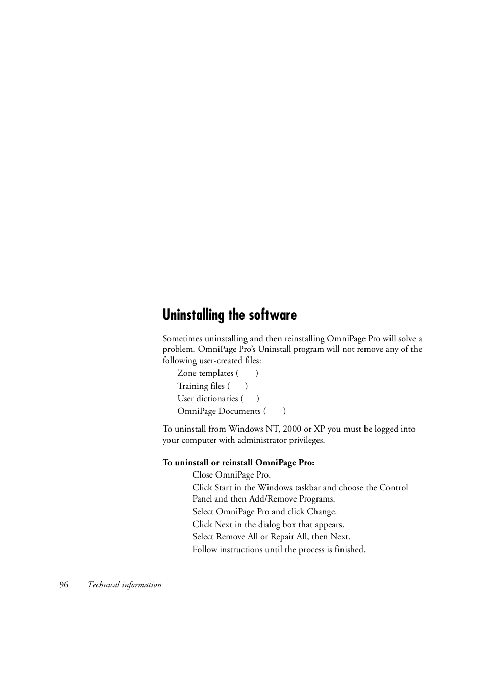 Uninstalling the software | OmniWare Pro 12 ScanSoft User Manual | Page 96 / 100