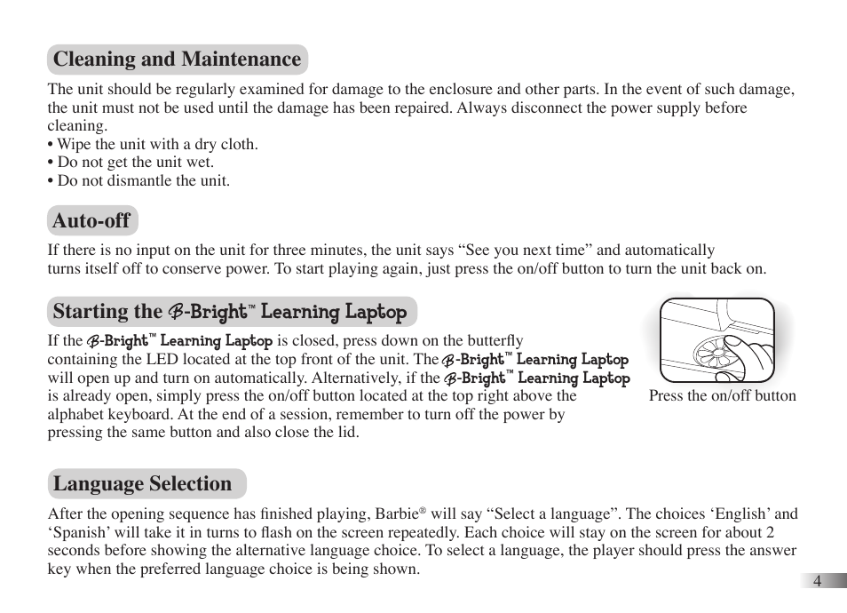 Cleaning and maintenance, Auto-off, Starting the -bright | Learning laptop, Language selection | Oregon Scientific B-Bright 086L004850-017 User Manual | Page 7 / 14