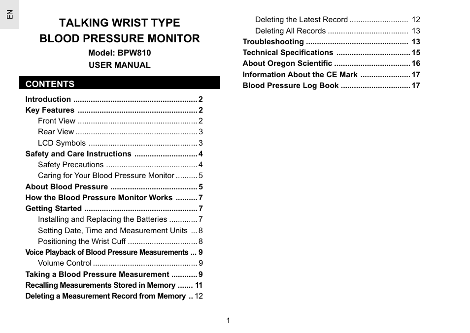 Talking wrist type blood pressure monitor | Oregon Scientific BPW810 User Manual | Page 2 / 20