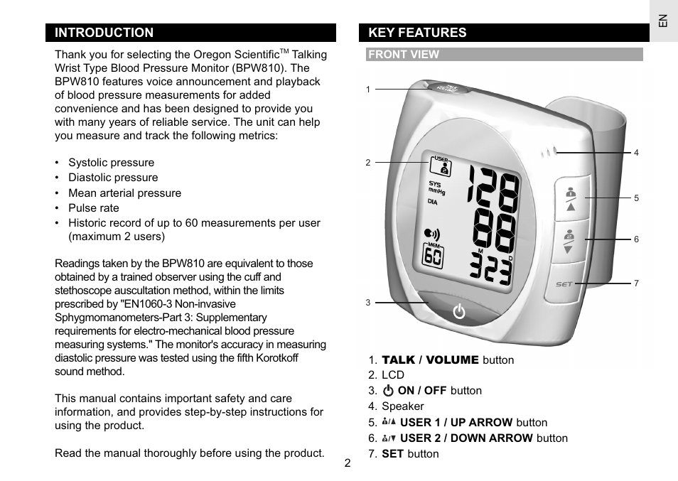 Introduction, Key features | Oregon Scientific BPW810 User Manual | Page 3 / 20