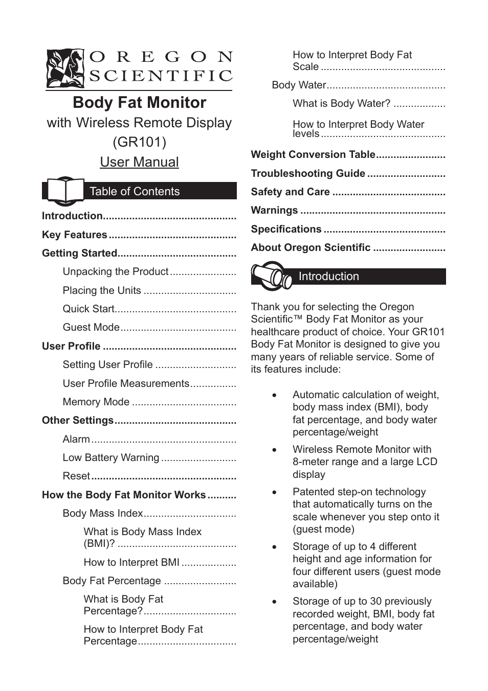 Oregon Scientific Body Fat Monitor with Wireless Remote Display GR101 User Manual | 15 pages