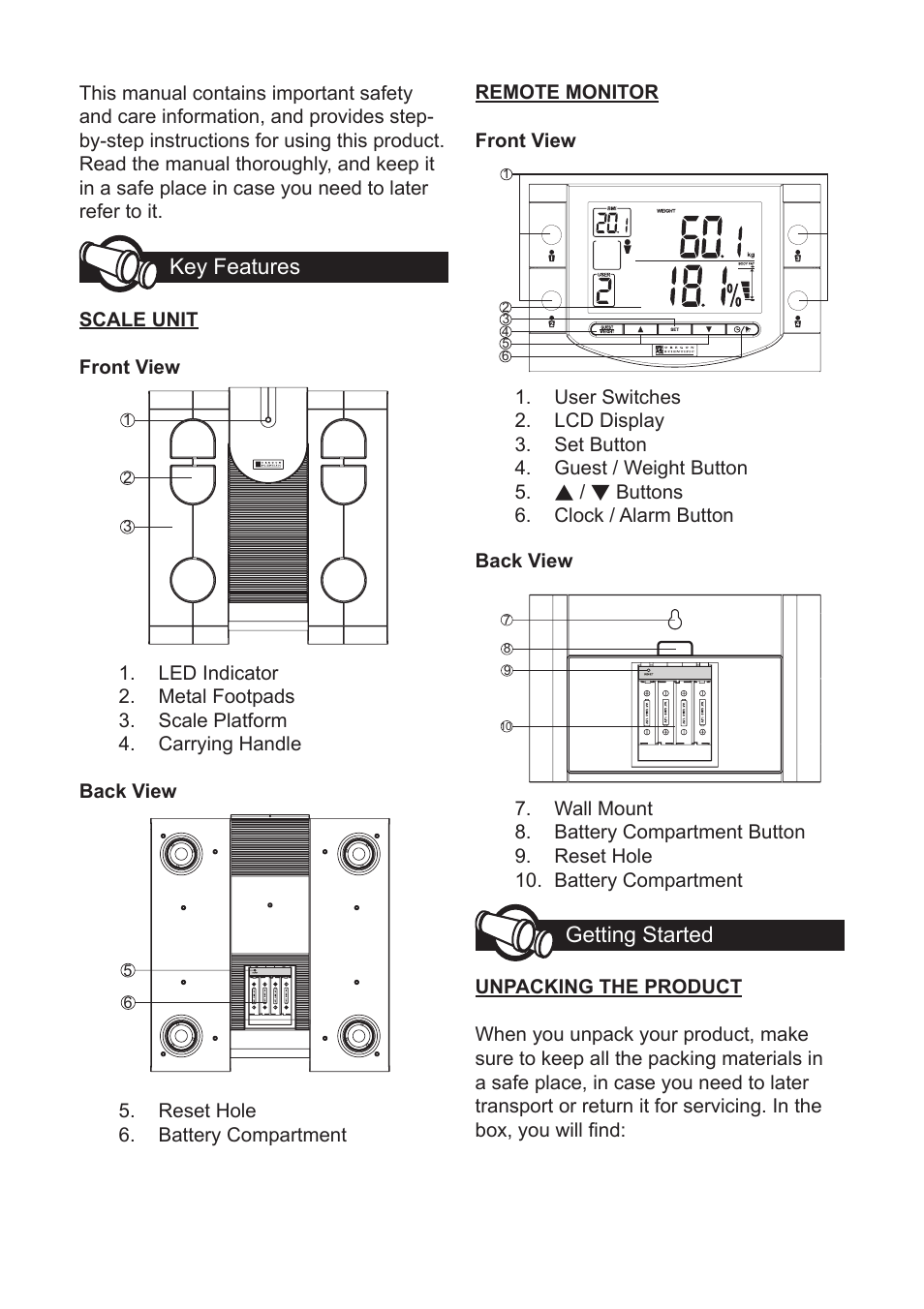 Key features, Getting started | Oregon Scientific Body Fat Monitor with Wireless Remote Display GR101 User Manual | Page 2 / 15