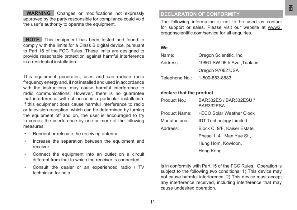 Oregon Scientific #NAME? BAR332ES/BAR332ESA/BAR332ESU User Manual | Page 11 / 12