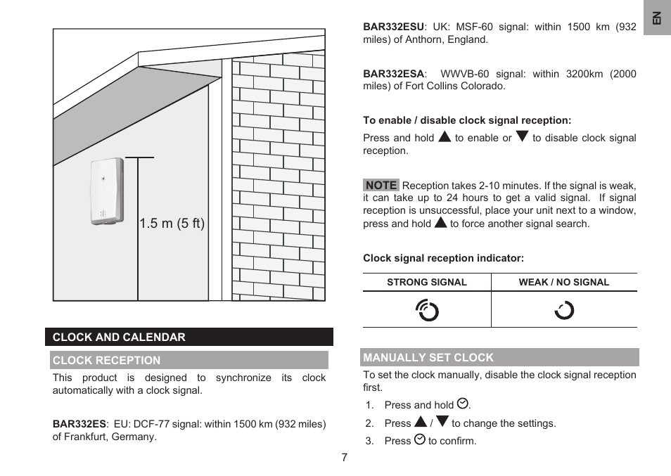5 m (5 ft) | Oregon Scientific #NAME? BAR332ES/BAR332ESA/BAR332ESU User Manual | Page 7 / 12