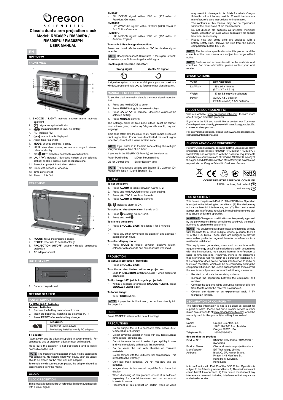 Oregon Scientific RA308PH User Manual | 8 pages
