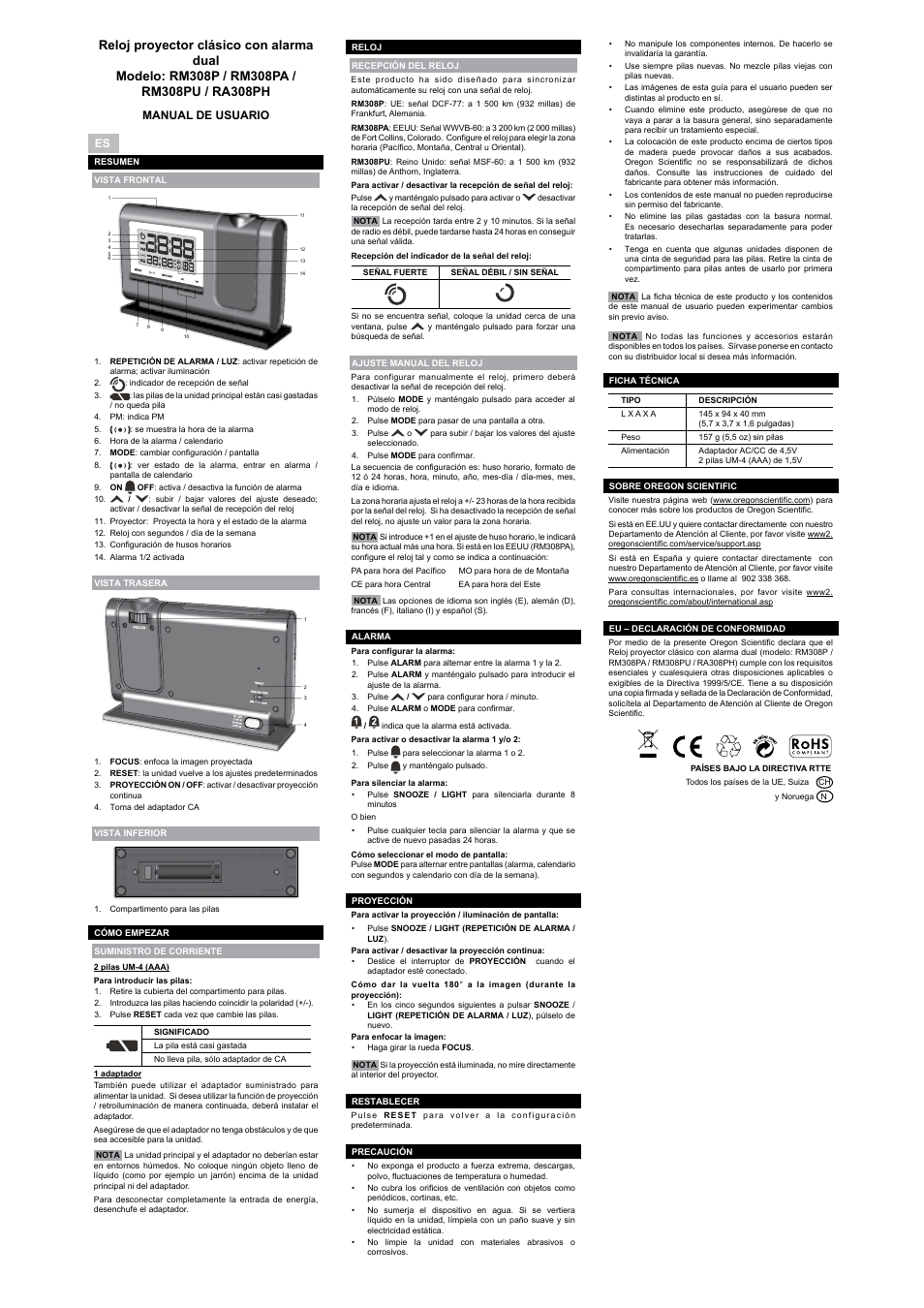 Manual de usuario, Manual do usuário, Handleiding | Bruksanvisning | Oregon Scientific RA308PH User Manual | Page 2 / 8