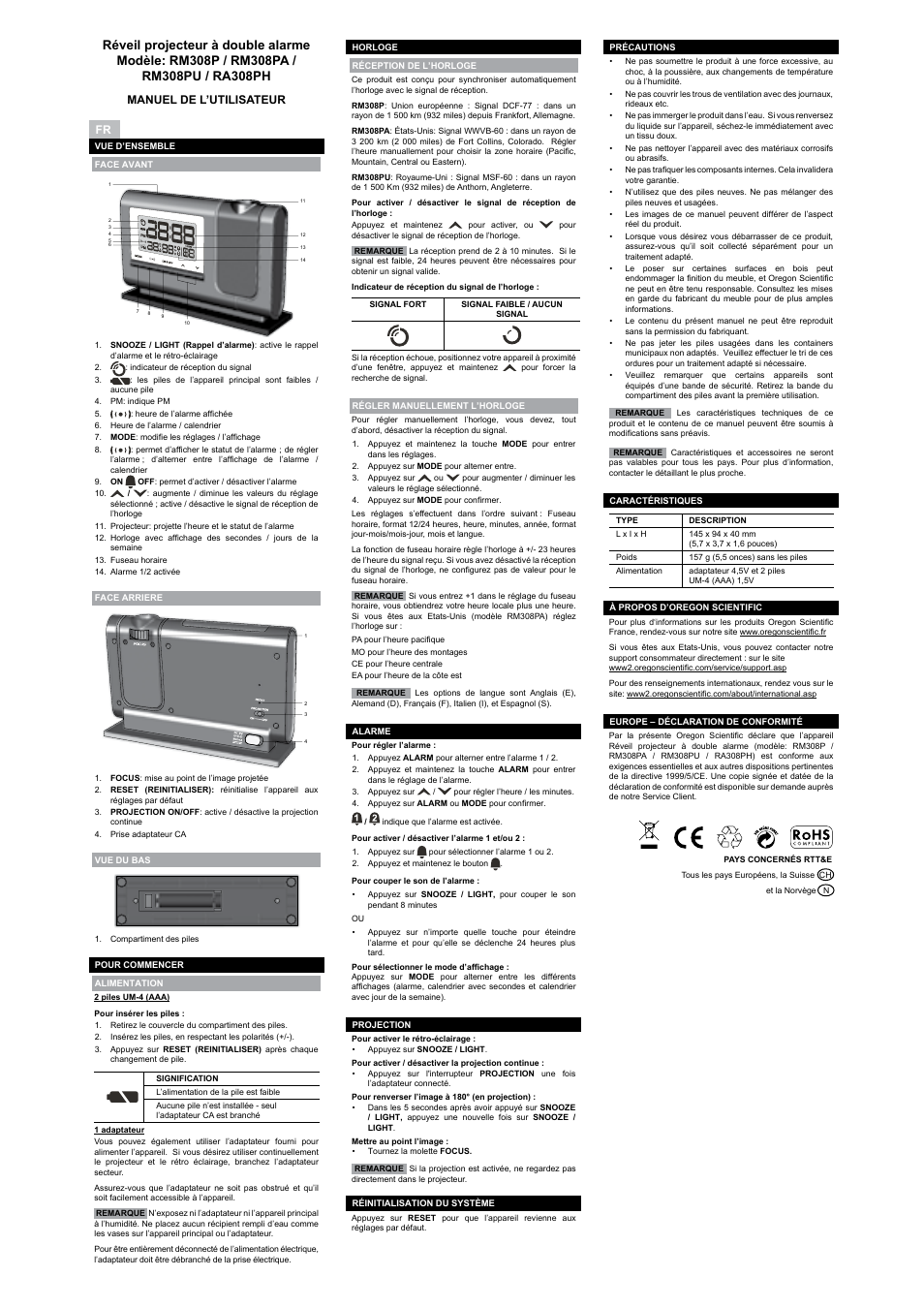 User manual, Manuale per l’utente, Manuel de l’utilisateur | Bedienungsanleitung | Oregon Scientific RA308PH User Manual | Page 4 / 8
