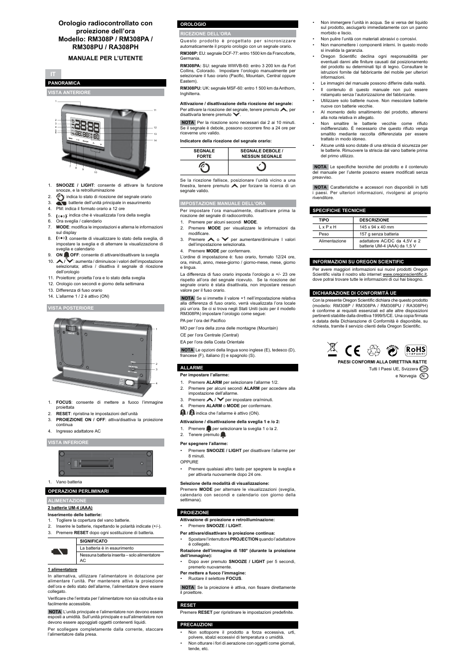 User manual, Manuale per l’utente, Manuel de l’utilisateur | Bedienungsanleitung | Oregon Scientific RA308PH User Manual | Page 5 / 8