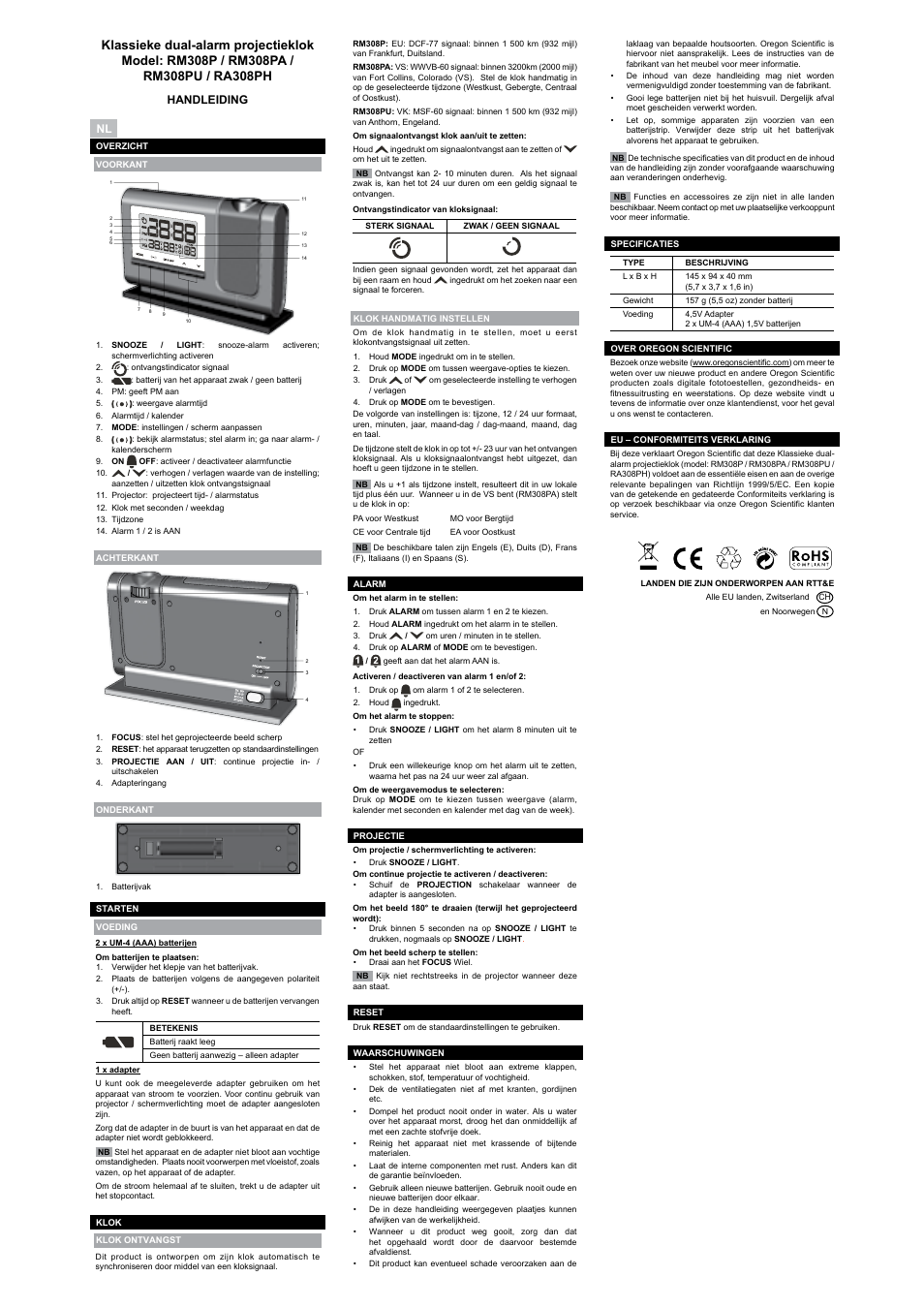 Manual de usuario, Manual do usuário, Handleiding | Bruksanvisning | Oregon Scientific RA308PH User Manual | Page 6 / 8