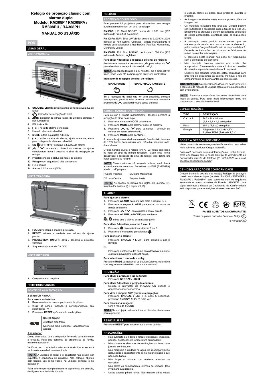 Manual de usuario, Manual do usuário, Handleiding | Bruksanvisning | Oregon Scientific RA308PH User Manual | Page 7 / 8
