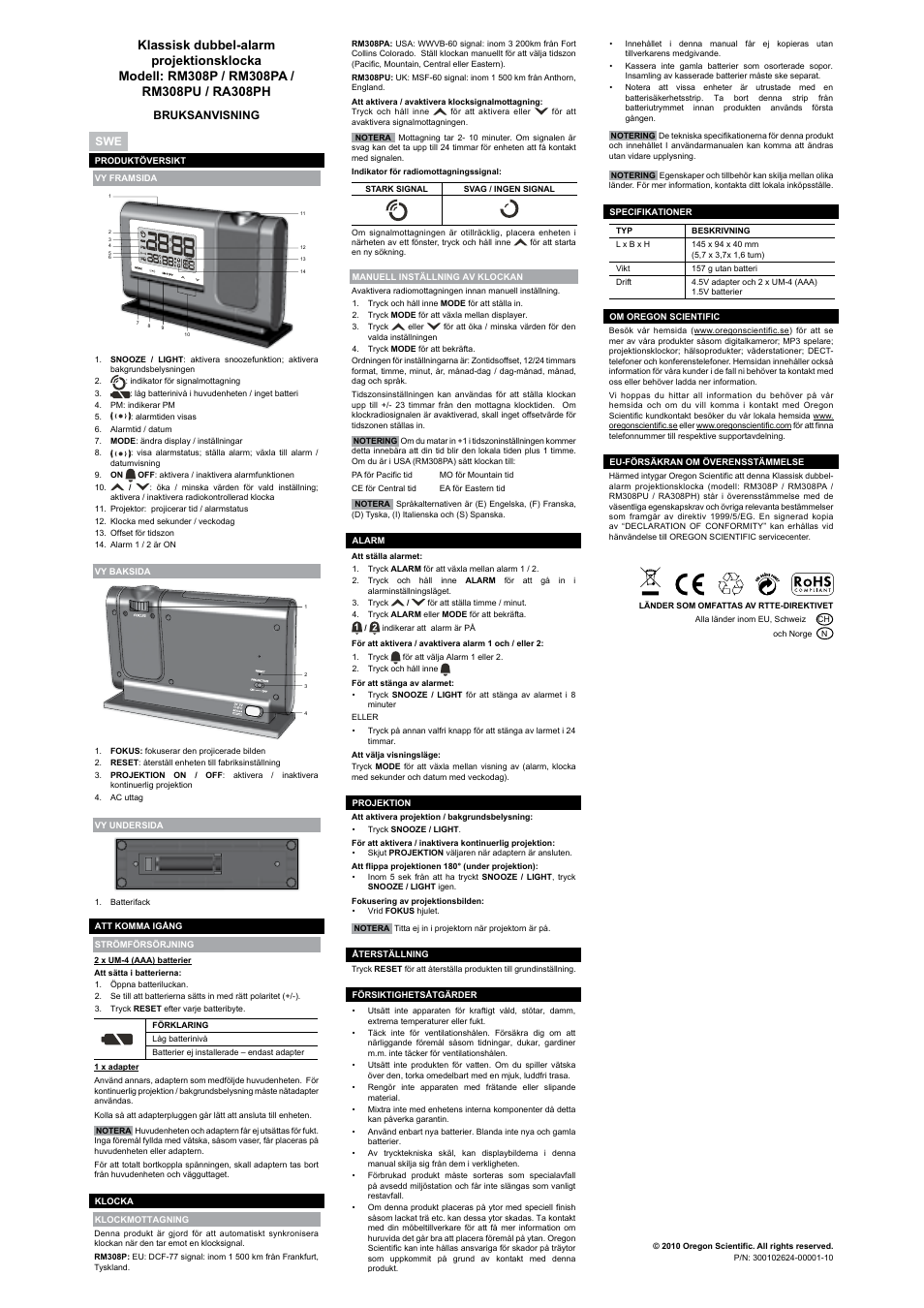 Manual de usuario, Manual do usuário, Handleiding | Bruksanvisning | Oregon Scientific RA308PH User Manual | Page 8 / 8