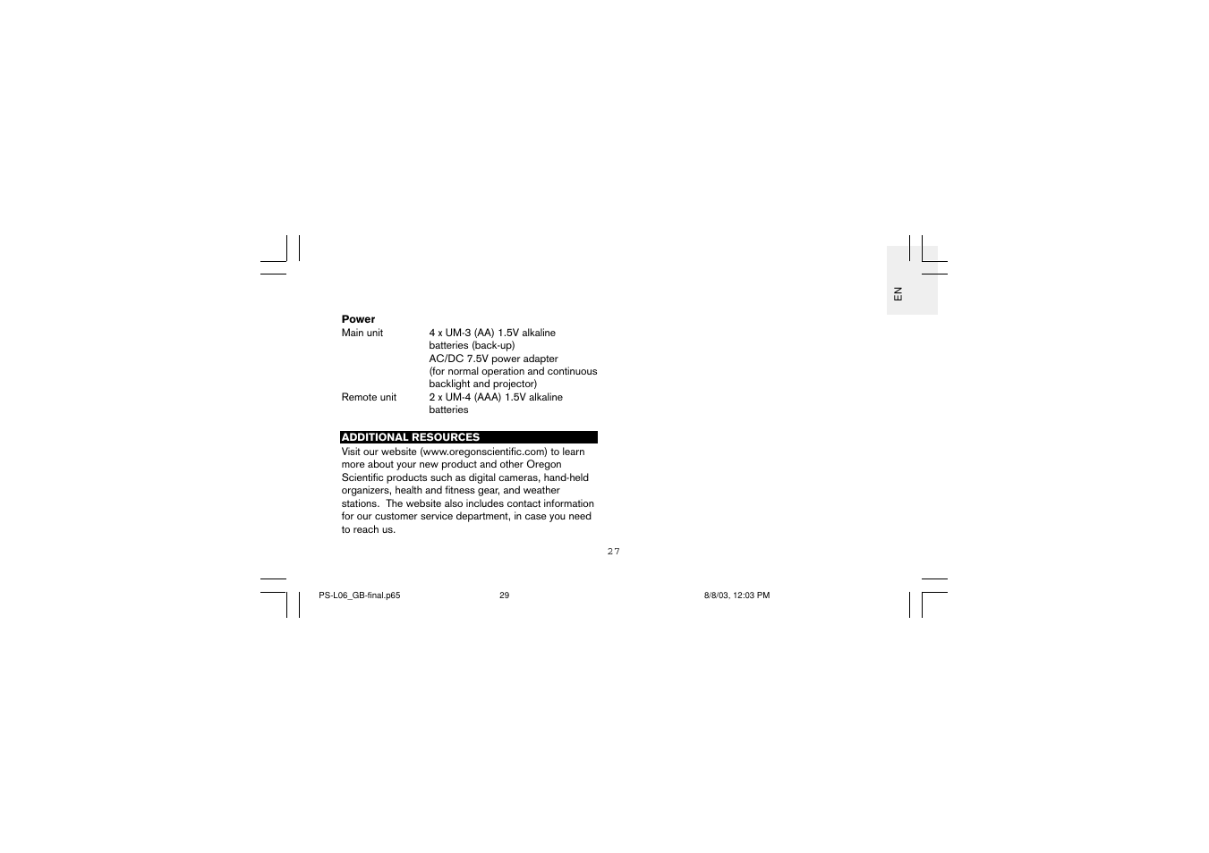 Oregon Scientific PS-L06U User Manual | Page 29 / 30