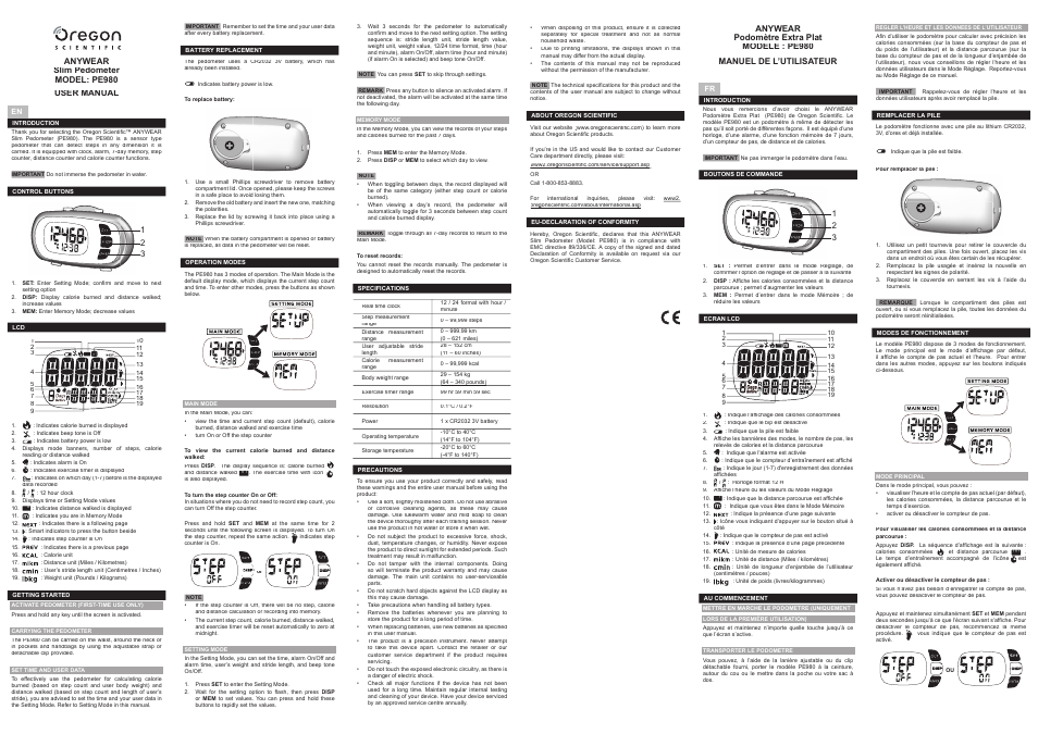 Oregon Scientific ANYWEAR Slim Pedometer PE980 User Manual | 2 pages