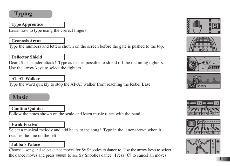 Typing, Music | Oregon Scientific Star Wars Darth Vader Laptop DV33 User Manual | Page 18 / 22
