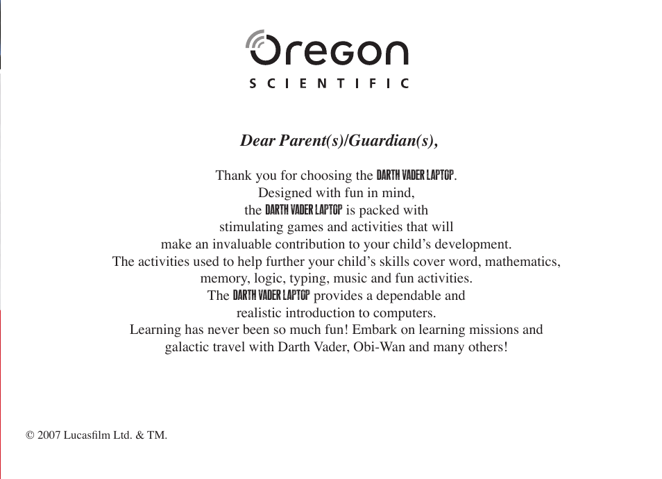 Dear parent(s)/guardian(s) | Oregon Scientific Star Wars Darth Vader Laptop DV33 User Manual | Page 2 / 22