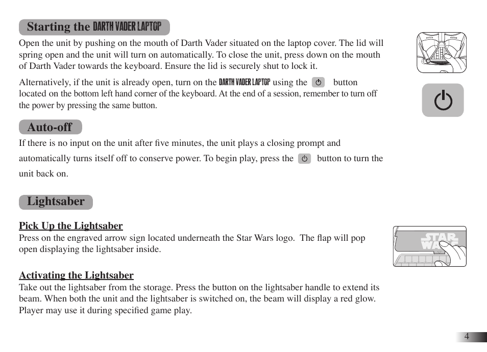 Starting the, Auto-off, Lightsaber | Oregon Scientific Star Wars Darth Vader Laptop DV33 User Manual | Page 8 / 22