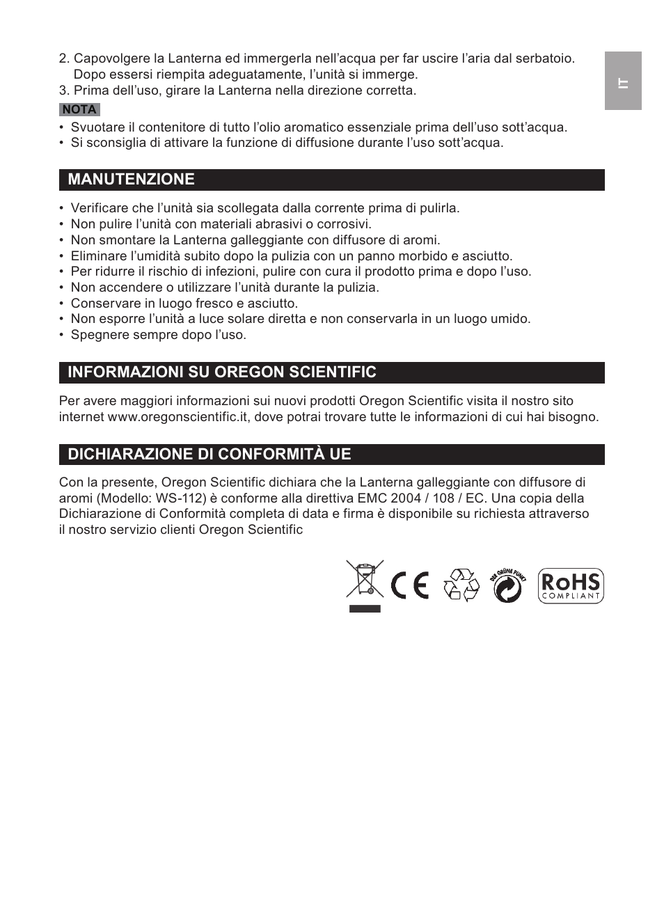 Manutenzione, Informazioni su oregon scientific, Dichiarazione di conformità ue | Oregon Scientific WS112 User Manual | Page 11 / 52