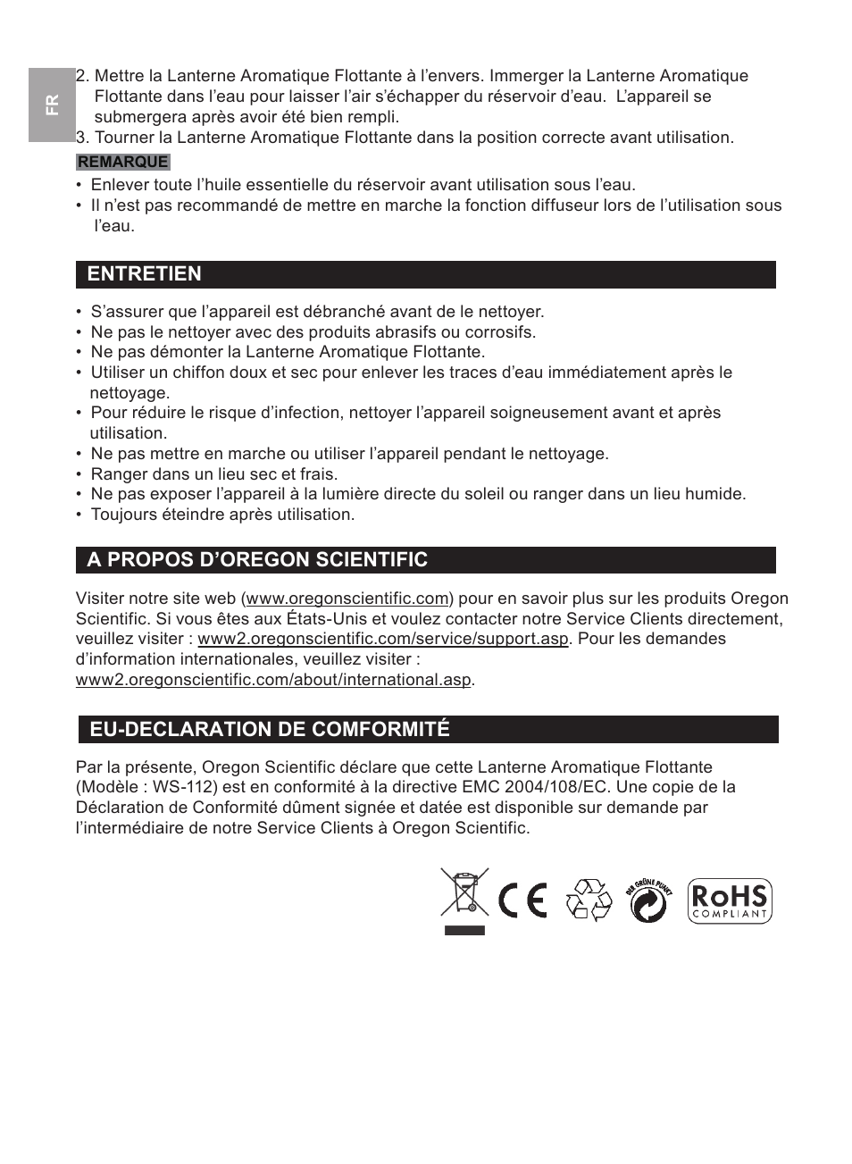 Entretien a propos d’oregon scientific, Eu-declaration de comformité | Oregon Scientific WS112 User Manual | Page 16 / 52