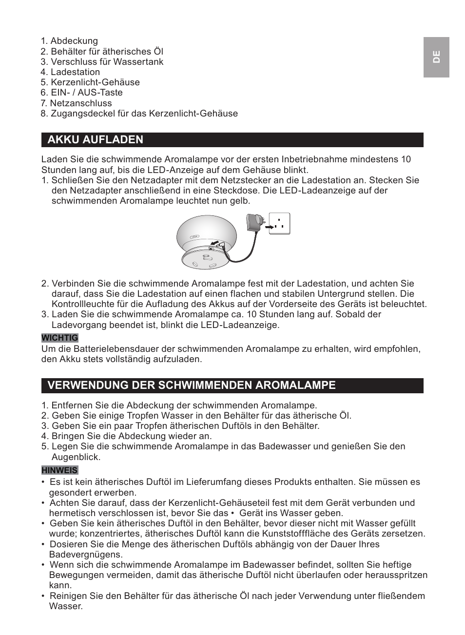 Akku aufladen, Verwendung der schwimmenden aromalampe | Oregon Scientific WS112 User Manual | Page 19 / 52