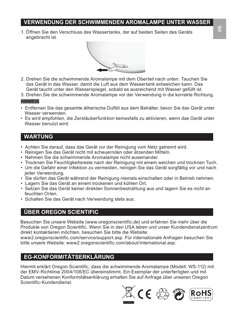 Wartung, Über oregon scientific, Eg-konformitätserklärung | Oregon Scientific WS112 User Manual | Page 21 / 52