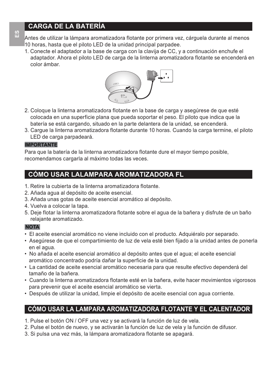 Carga de la batería, Cómo usar lalampara aromatizadora fl | Oregon Scientific WS112 User Manual | Page 24 / 52