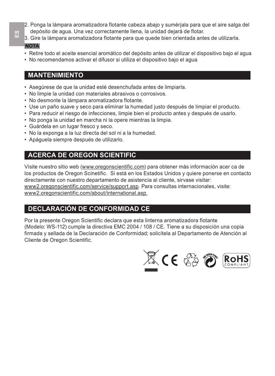 Mantenimiento, Acerca de oregon scientific, Declaración de conformidad ce | Oregon Scientific WS112 User Manual | Page 26 / 52