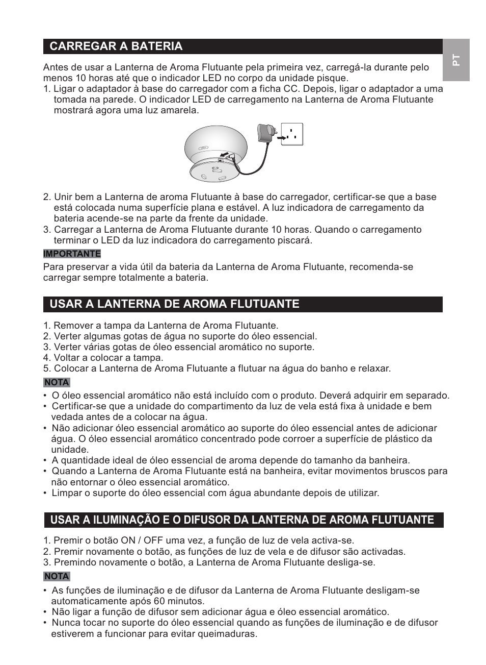 Carregar a bateria, Usar a lanterna de aroma flutuante | Oregon Scientific WS112 User Manual | Page 29 / 52