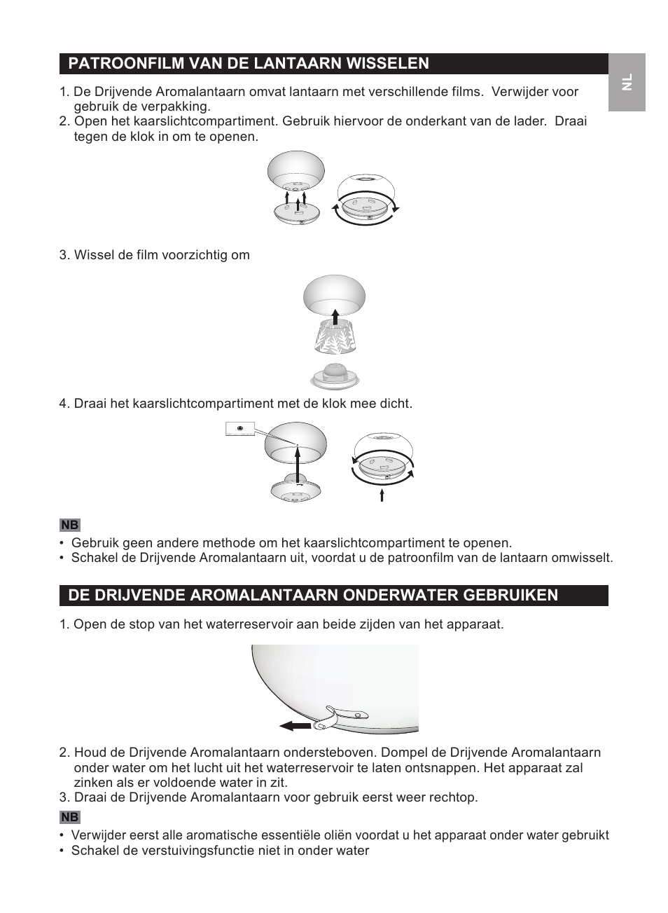 Patroonfilm van de lantaarn wisselen, De drijvende aromalantaarn onderwater gebruiken | Oregon Scientific WS112 User Manual | Page 35 / 52