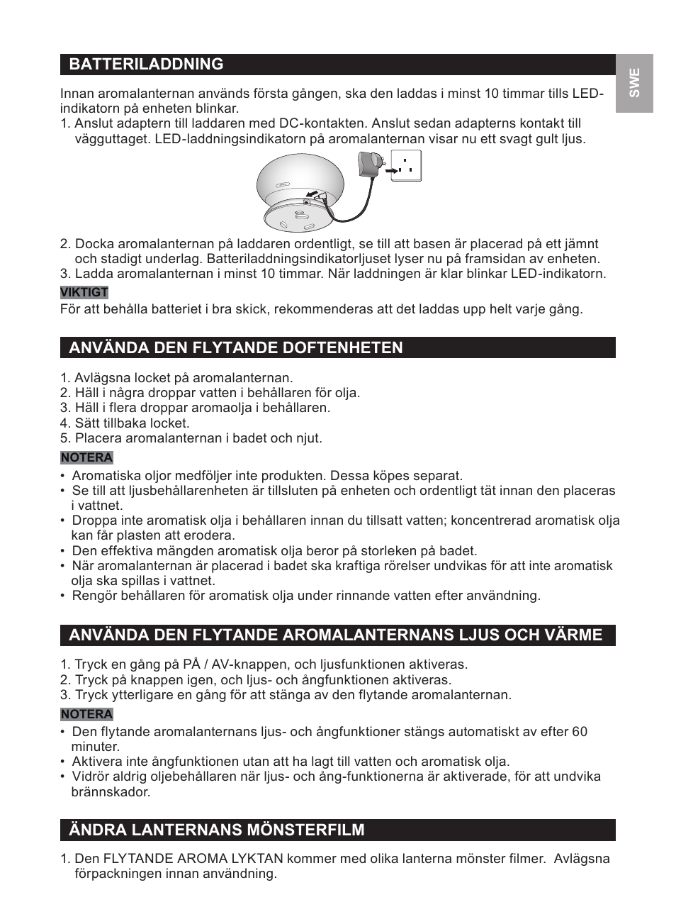 Batteriladdning, Använda den flytande doftenheten, Ändra lanternans mönsterfilm | Oregon Scientific WS112 User Manual | Page 39 / 52