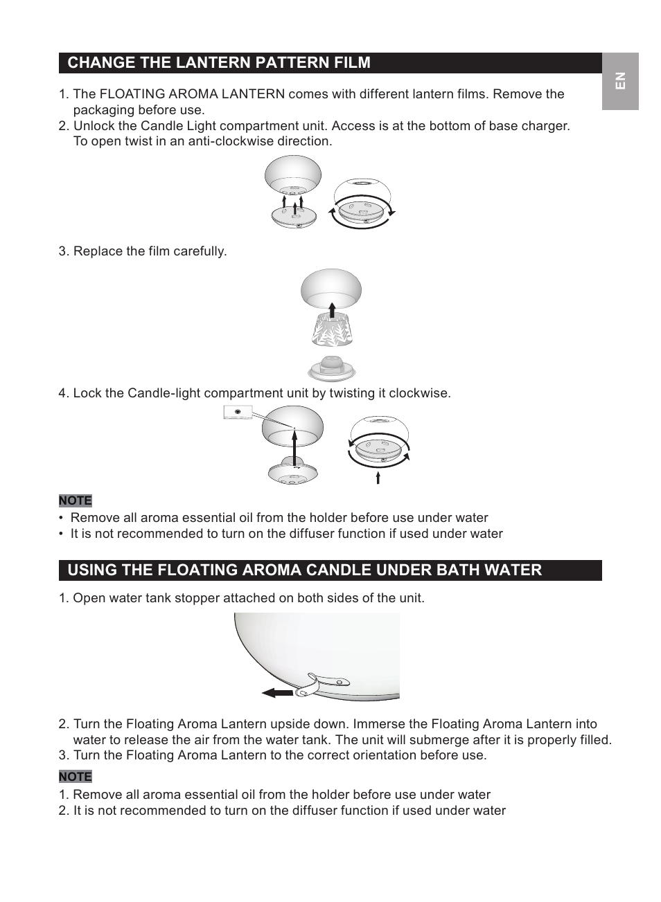 Change the lantern pattern film, Using the floating aroma candle under bath water | Oregon Scientific WS112 User Manual | Page 5 / 52
