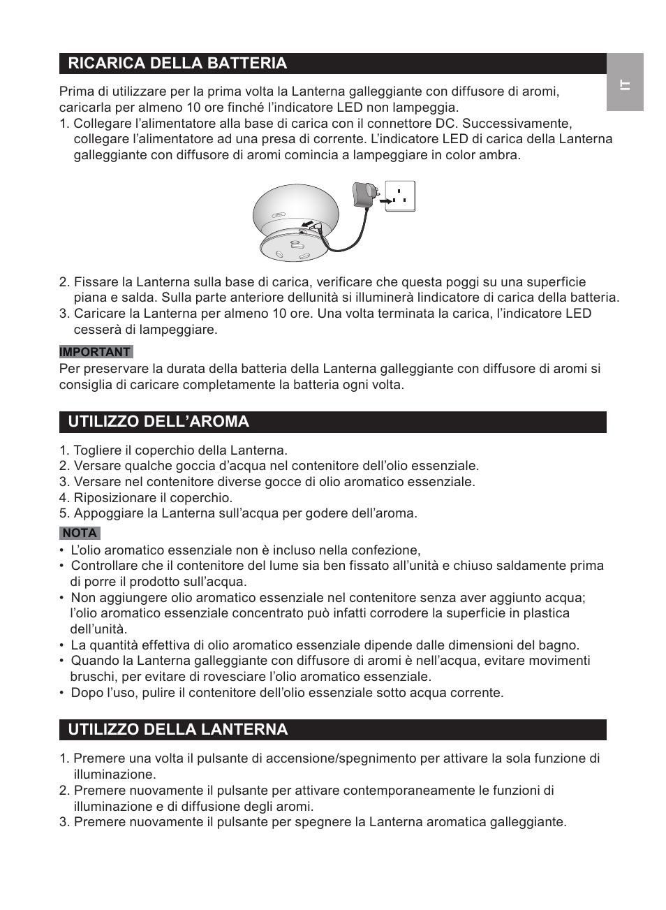 Ricarica della batteria, Utilizzo dell’aroma, Utilizzo della lanterna | Oregon Scientific WS112 User Manual | Page 9 / 52
