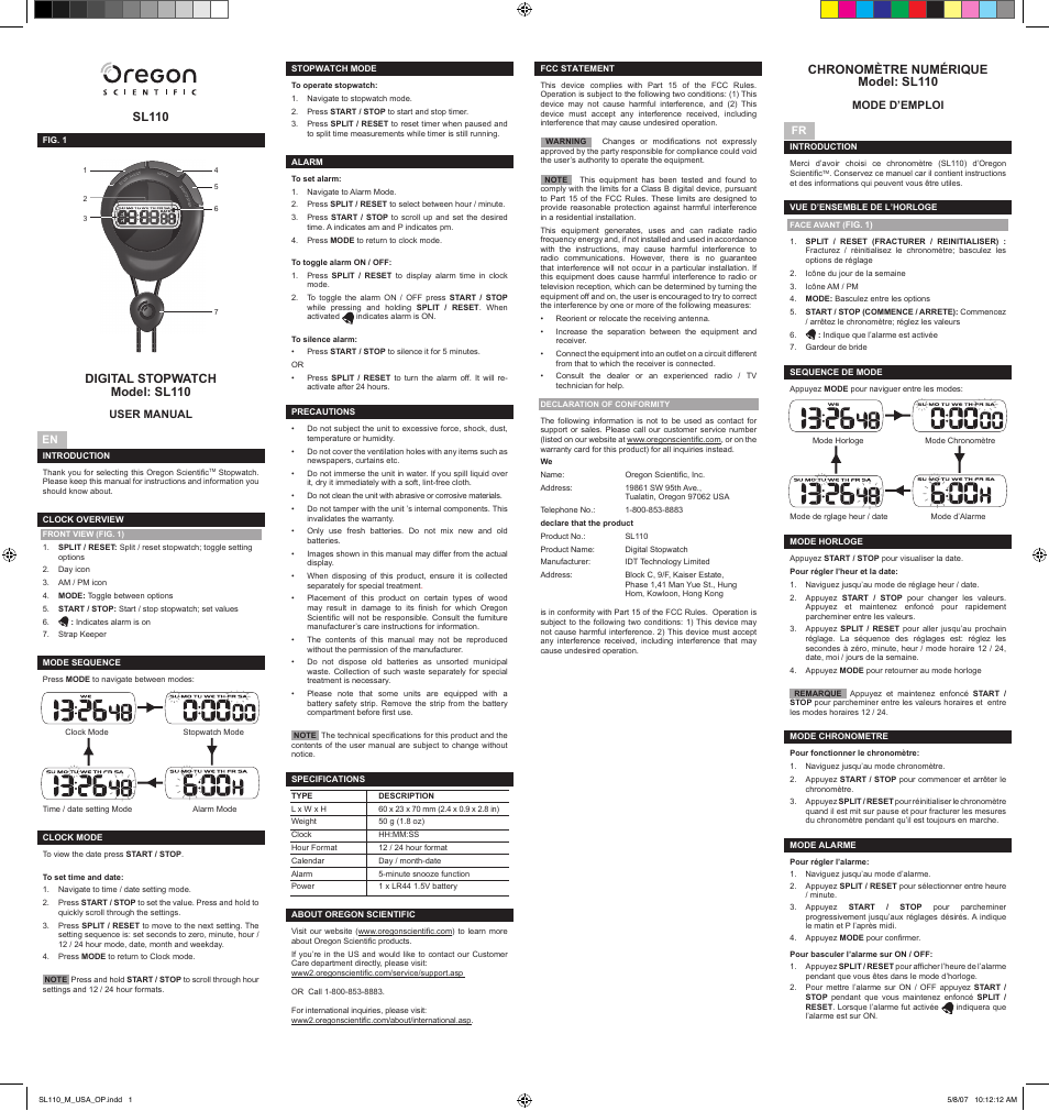 Oregon Scientific SL110 User Manual | 2 pages