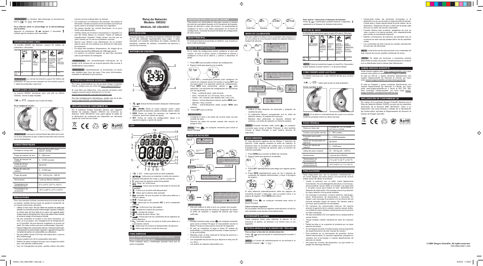 Reloj de natación modelo: sw202, Manual de usuario | Oregon Scientific SWIMWATCH SW202 User Manual | Page 2 / 2