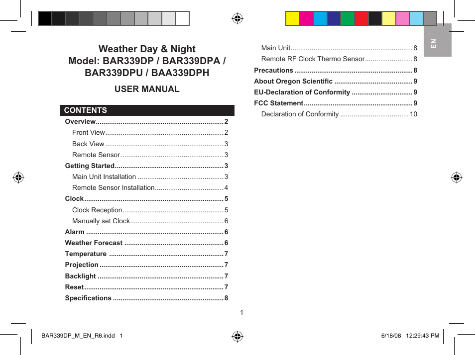 Oregon Scientific Weather Day & Night BAR339DPU User Manual | 10 pages