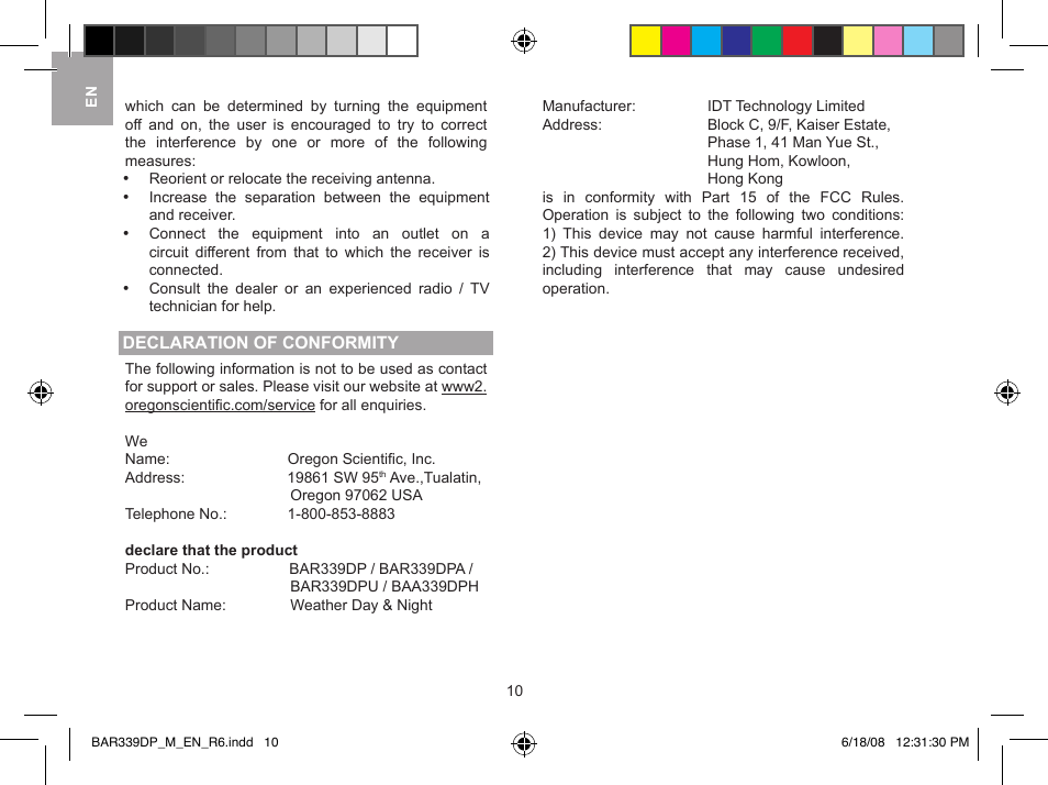 Oregon Scientific Weather Day & Night BAR339DPU User Manual | Page 10 / 10