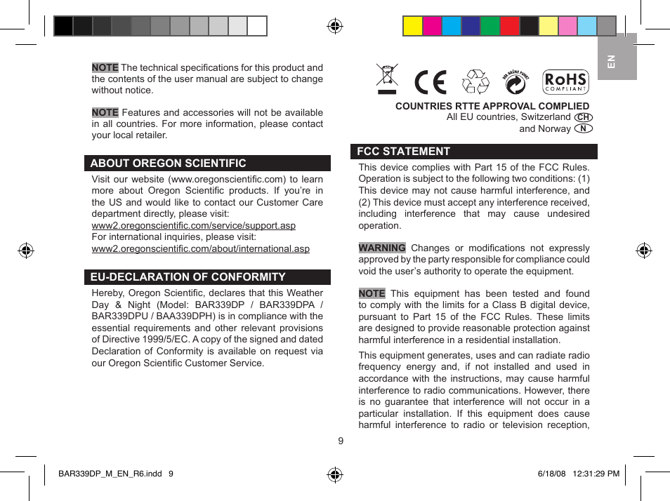 Oregon Scientific Weather Day & Night BAR339DPU User Manual | Page 9 / 10