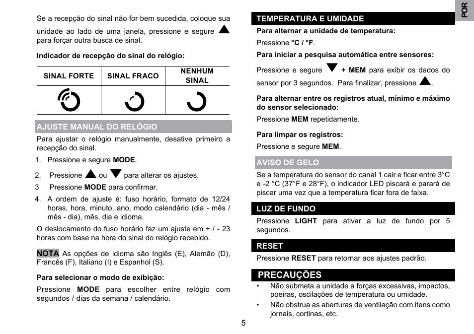 Precauções | Oregon Scientific RMR203HG User Manual | Page 48 / 58