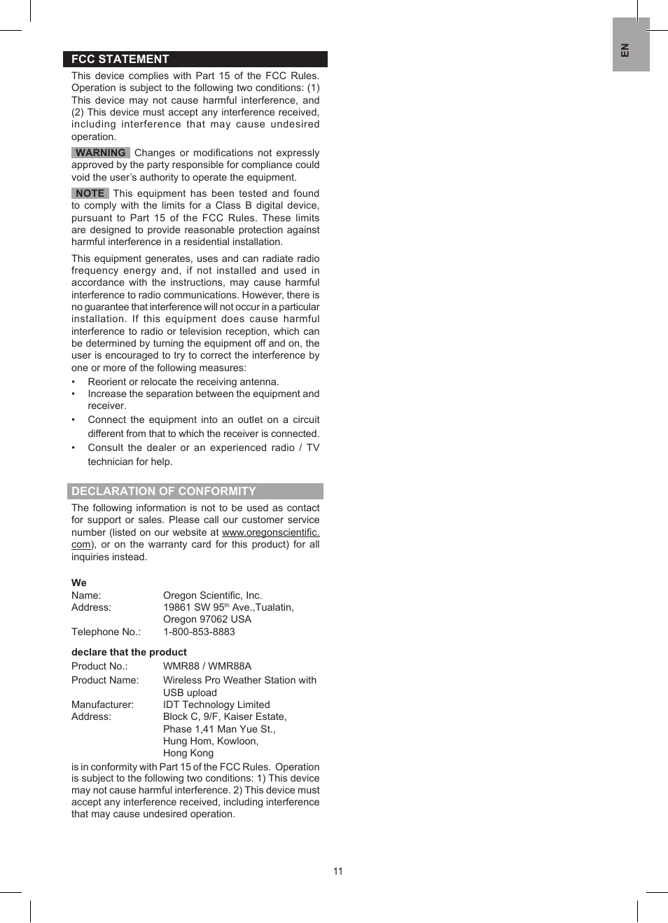 Oregon Scientific WMR88 User Manual | Page 11 / 11