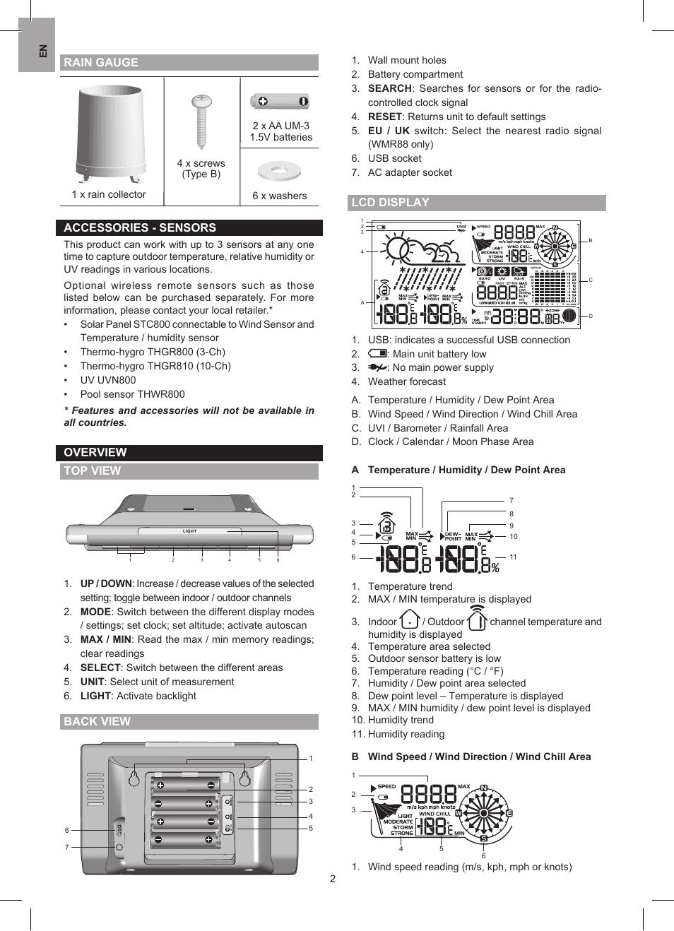 Rain gauge accessories - sensors, Overview top view, Back view | Lcd display | Oregon Scientific WMR88 User Manual | Page 2 / 11