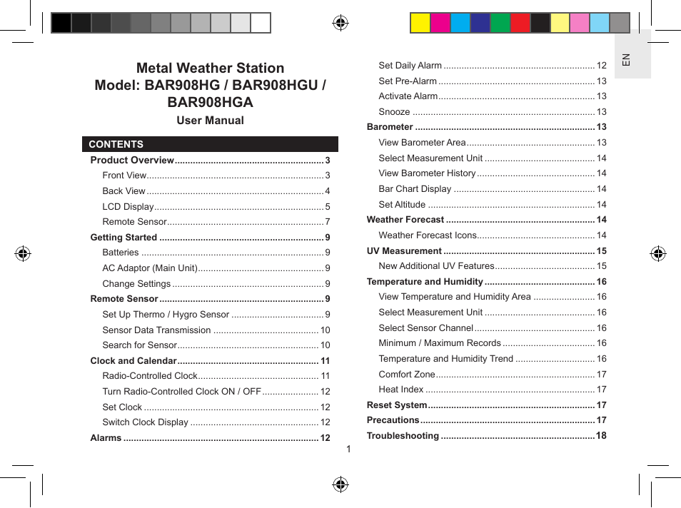 Oregon Scientific Metal Weather Station BAR908HGA User Manual | 21 pages