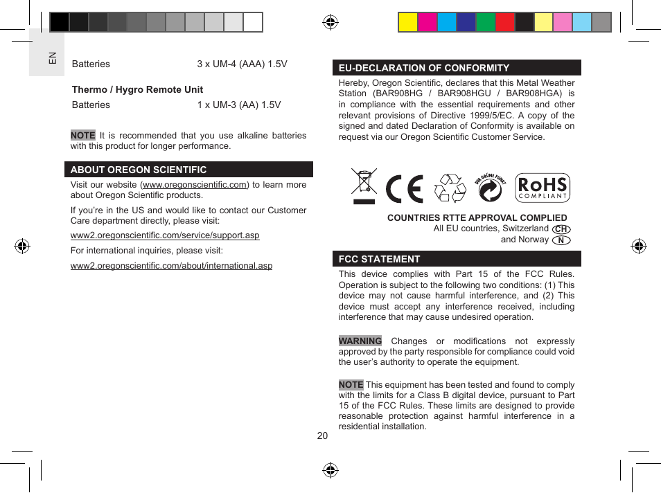 Oregon Scientific Metal Weather Station BAR908HGA User Manual | Page 20 / 21