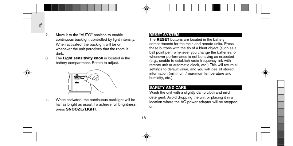 Reset on off auto, Light | Oregon Scientific STARCK PS-M01U User Manual | Page 19 / 25