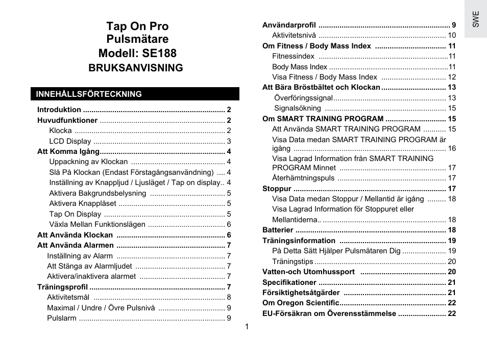 Tap on pro pulsmätare modell: se188, Bruksanvisning | Oregon Scientific SE188 User Manual | Page 175 / 197