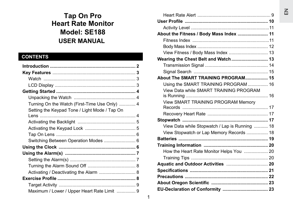 Tap on pro heart rate monitor model: se188 | Oregon Scientific SE188 User Manual | Page 2 / 197