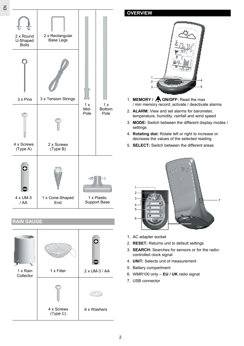 Rain gauge, Overview | Oregon Scientific SCIENTICTM WEATHER STATION WMR100A User Manual | Page 3 / 115